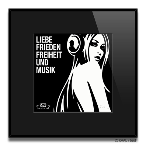 KAAL 白黒モノトーンイラスト Liebe Frieden Freiheit Musik 7インチレコードジャケットサイズ ジクレー版画