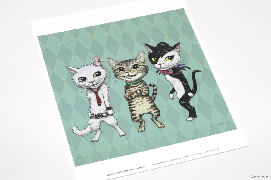 marizow 猫キャラクターイラストのジクレー版画 Three Punk Rock Cats 拡大写真