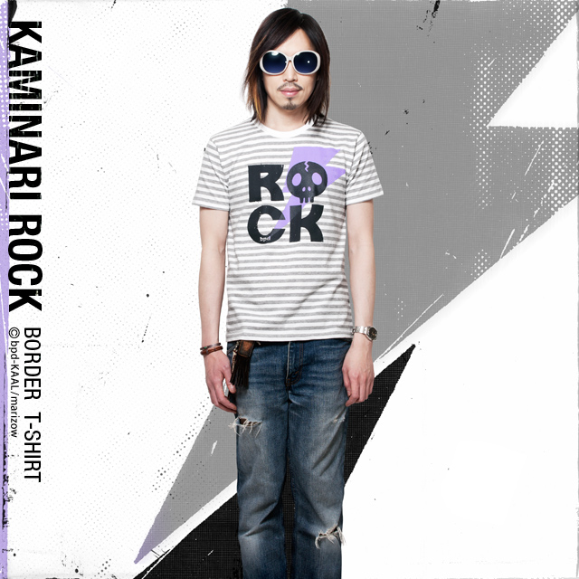 カミナリ ROCK ロゴ ドクロ ボーダーTシャツ モデル写真