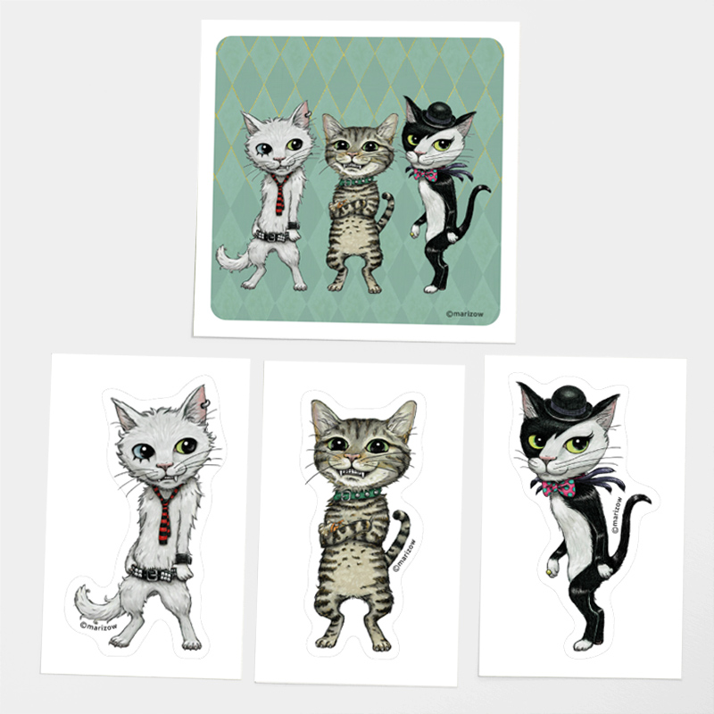 marizow Three Punk Rock Cats 猫イラストのステッカー４種セット